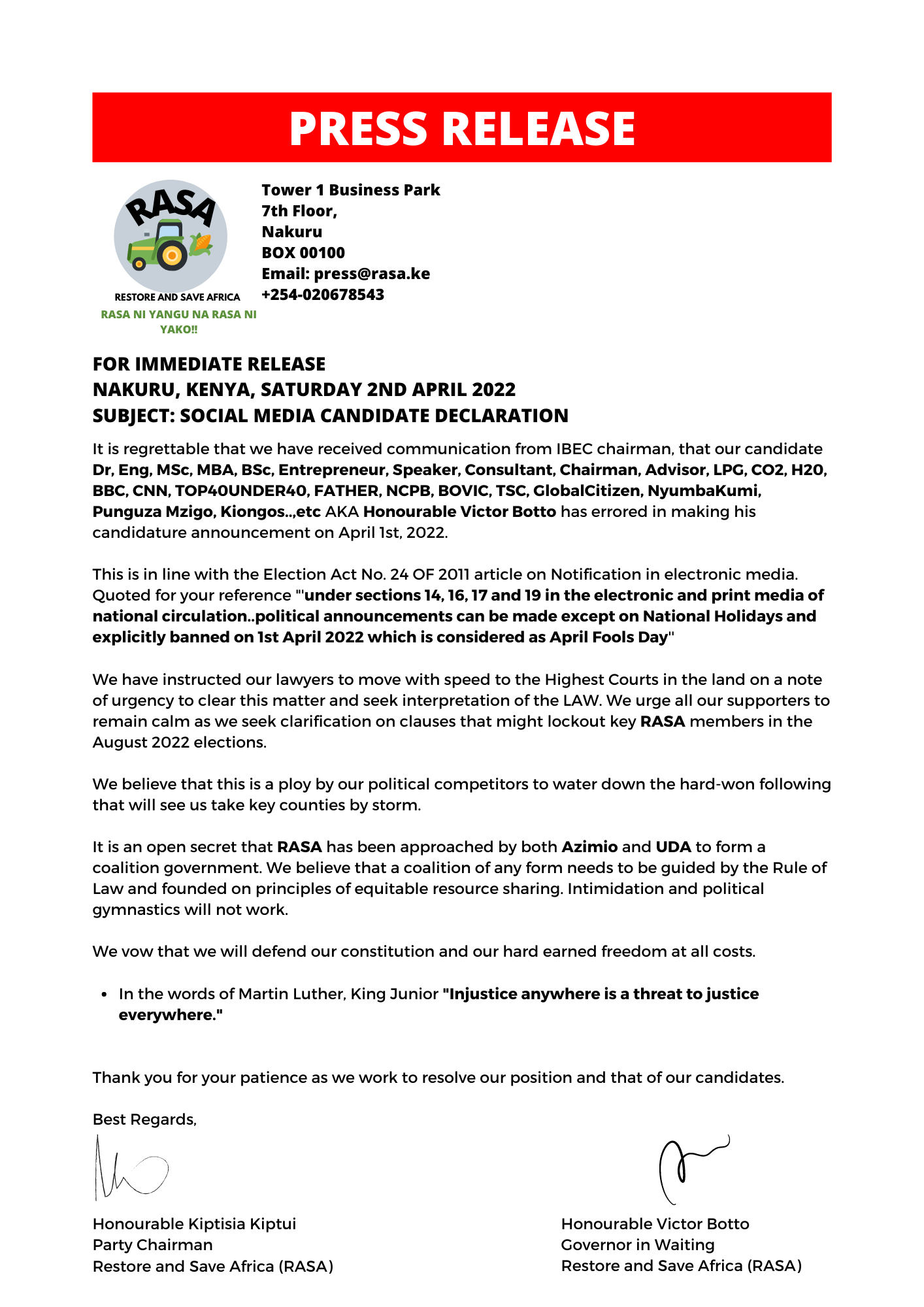 PRESS RELEASE RASA